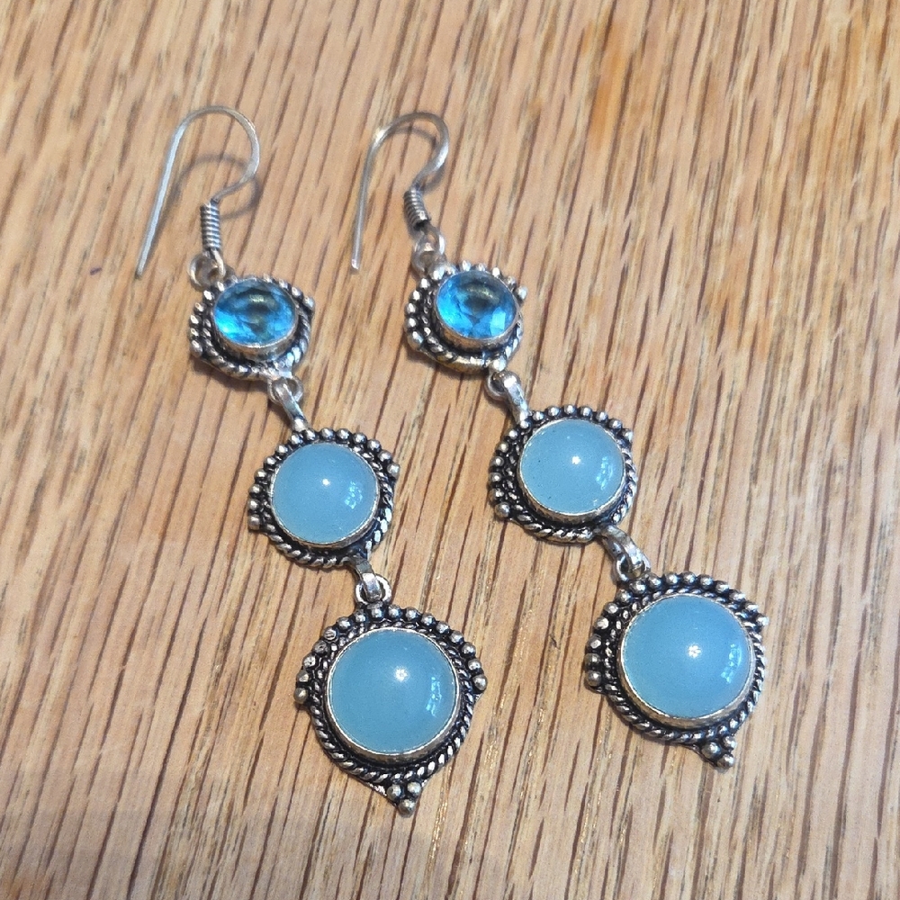 Silver Plate Chalcedony & Quartz Dangle Earrings